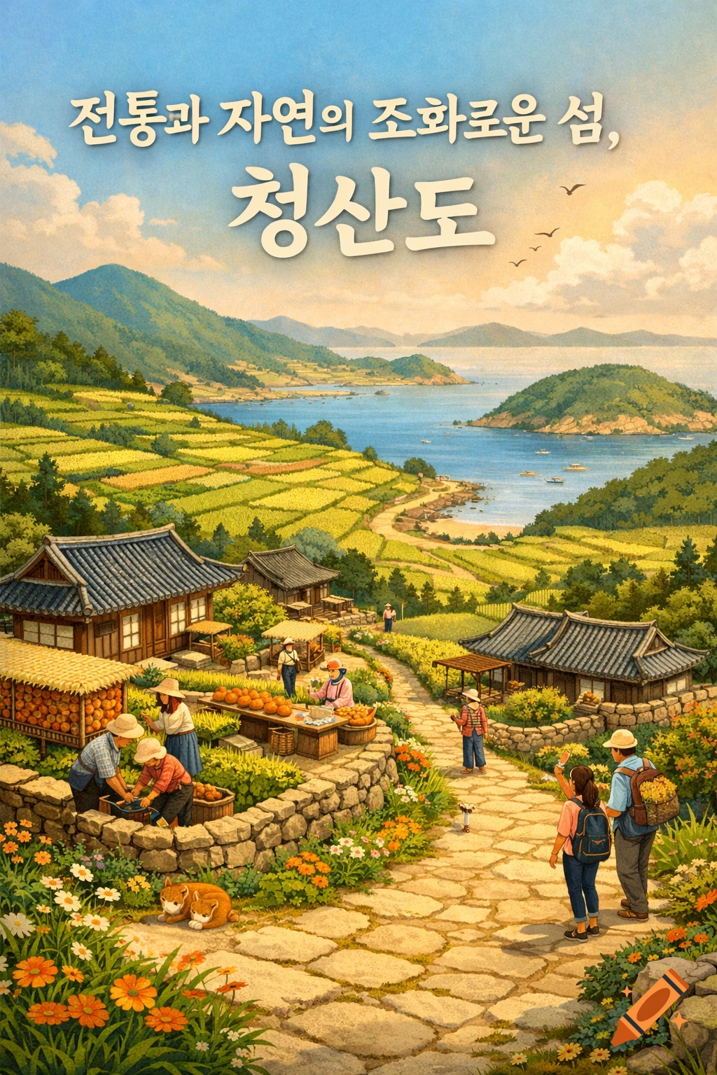An illustrated poster showing a traditional Korean village with terraced fields, houses, and people on a scenic island by the sea, under a bright sky.