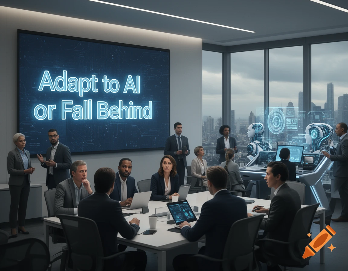 A business meeting in a modern boardroom. A screen shows 'Adapt to AI or Fall Behind'. People interact with futuristic AI robots.
