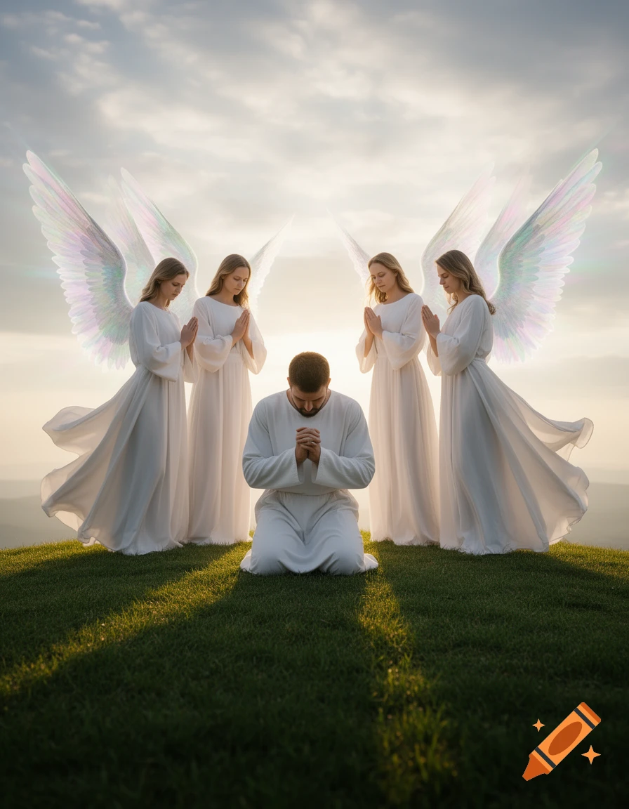 A man kneels in prayer on a grassy hill, surrounded by four radiant angels with large, iridescent wings under a spiritual sky.