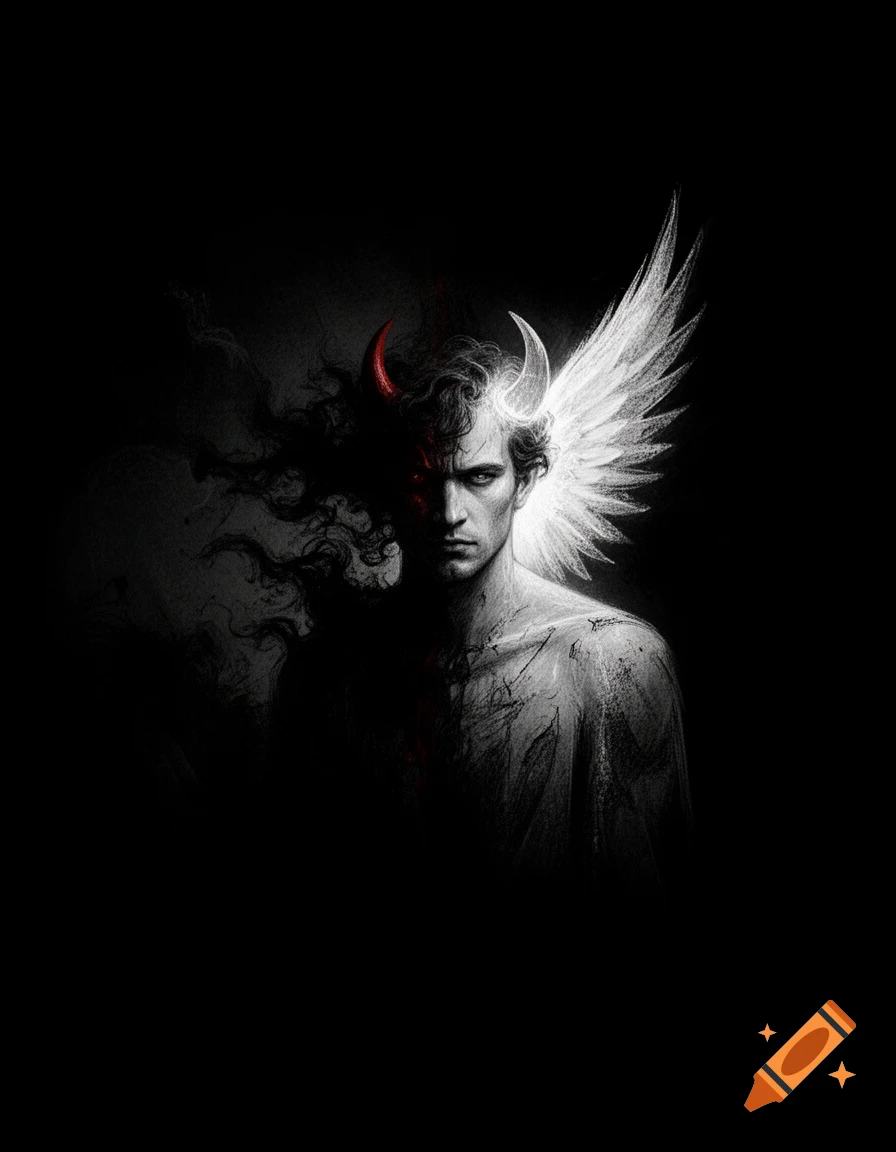 Dark, high-contrast sketch of a male figure with angel and devil halves, featuring a white wing and red horn on a black background.
