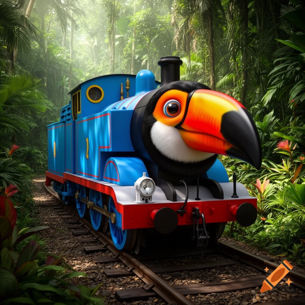 Thomas the Tank Engine with a toucan head on train tracks in a lush jungle.