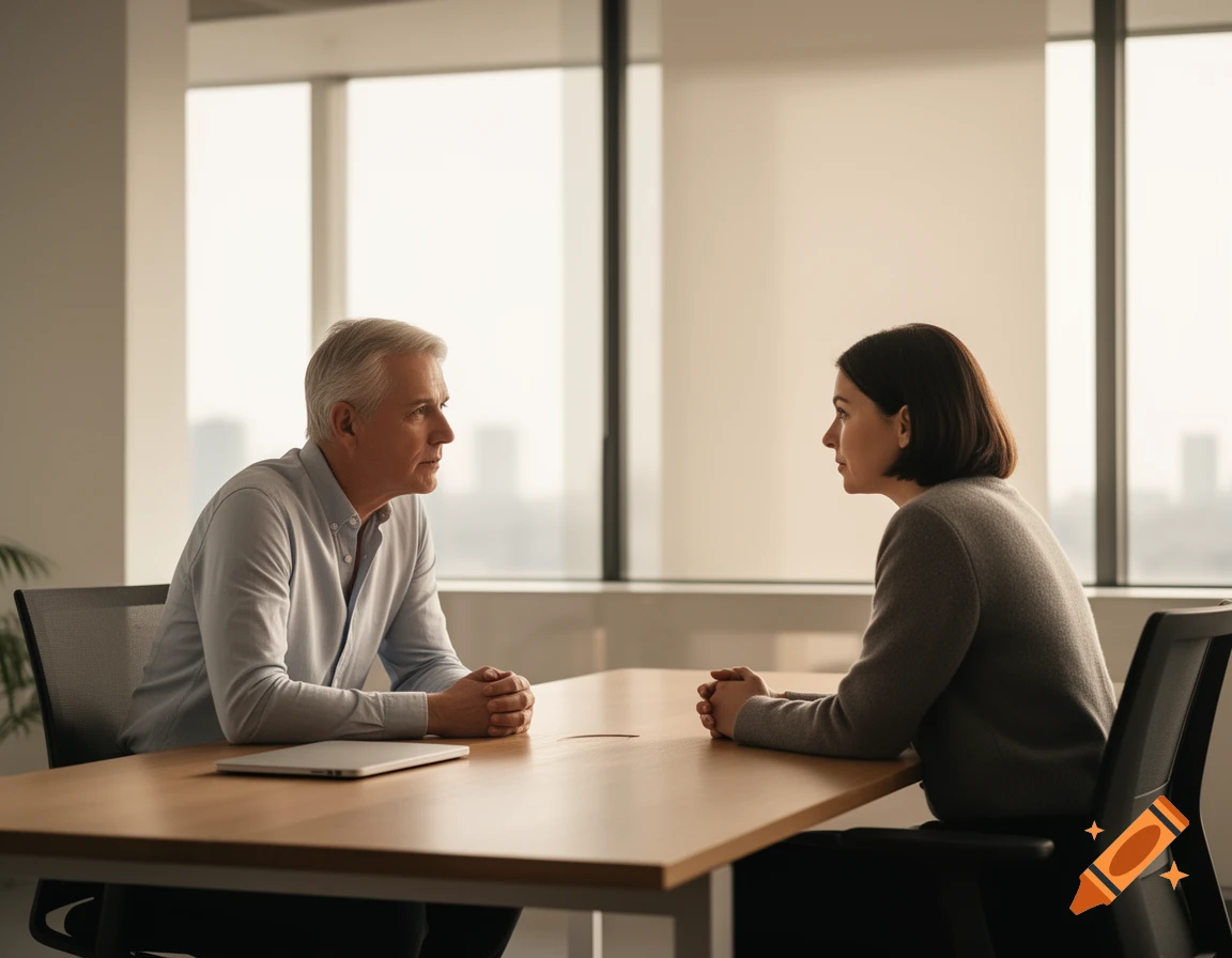 Photorealistic image of a senior manager and employee having a serious one-on-one conversation in a modern Scandinavian office.