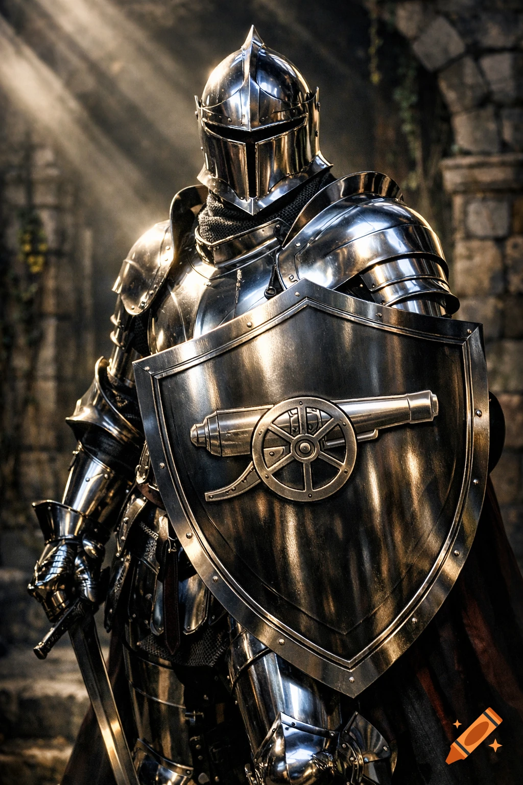 A majestic knight in shining medieval plate armor holds a shield with a cannon emblem, dramatically lit in a castle setting.