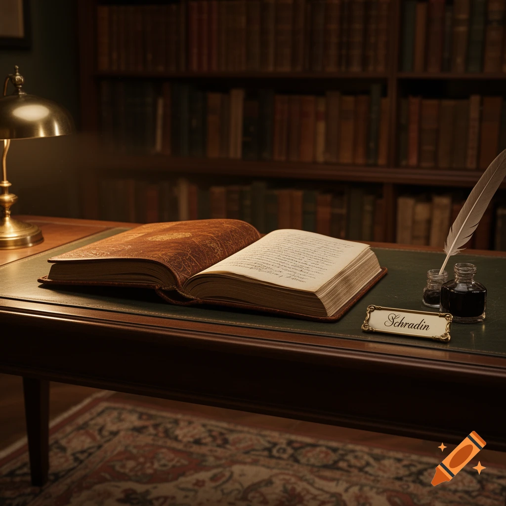 A dimly lit desk with an open antique book, an inkwell, a quill, a golden lamp, and a nameplate reading "Schradin" in a library setting.