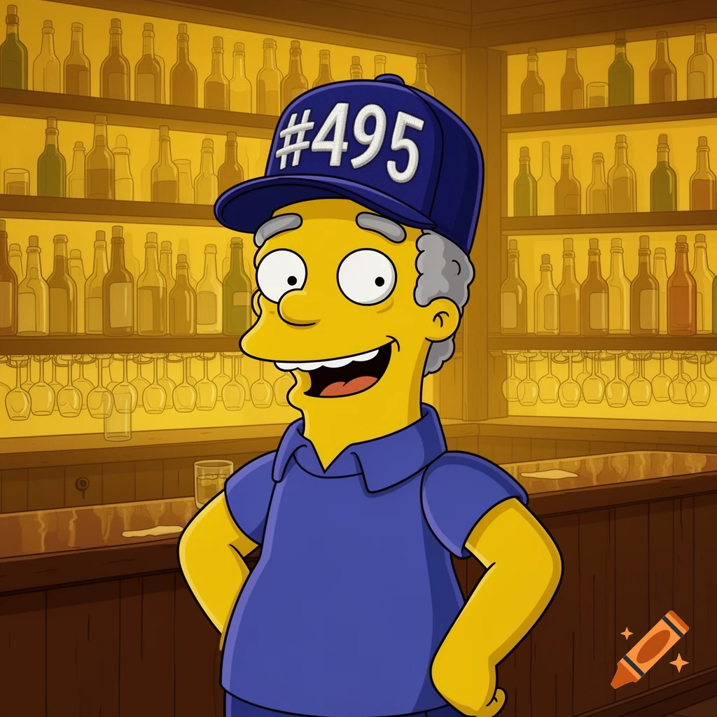 Moe Szyslak from The Simpsons, wearing a blue "#495" cap and blue shirt, smiling proudly in a cartoon bar setting.