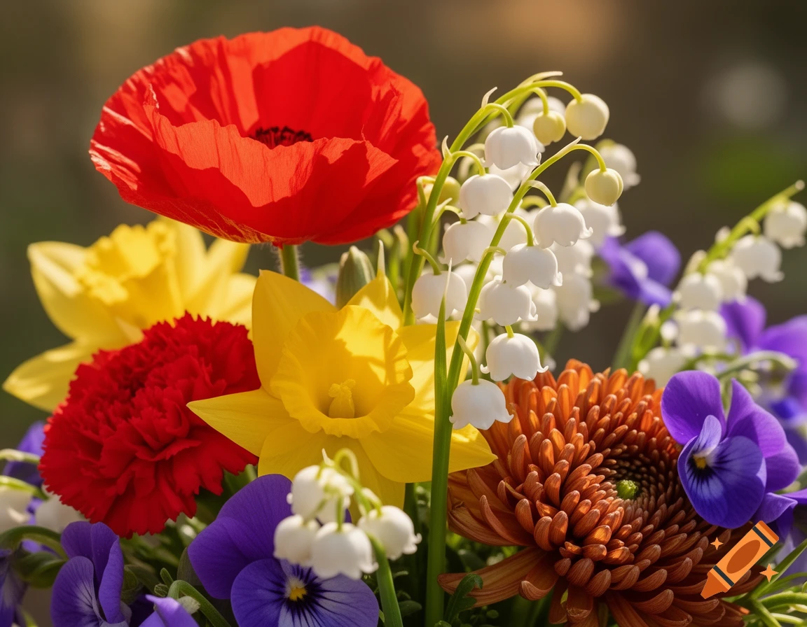 A vibrant, photorealistic bouquet featuring red poppies, yellow daffodils, white lily of the valley, red carnations, purple violets, and an orange mum.