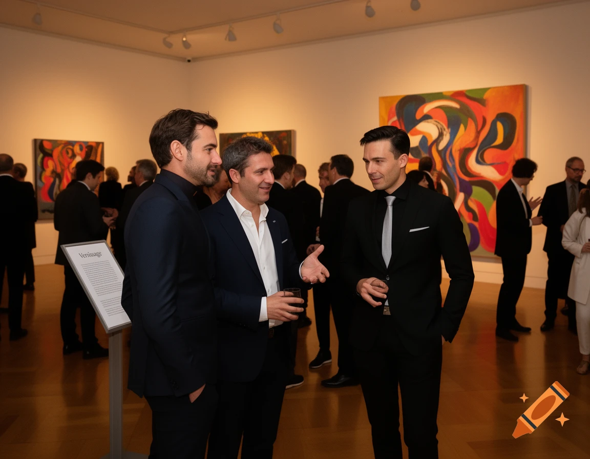 Men in suits converse at a photorealistic art gallery opening with colorful abstract paintings.