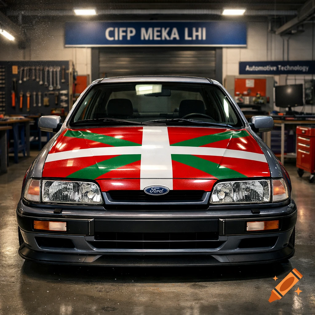 Front view of a gray Ford Sierra with the Basque flag (Ikurriña) on its hood, parked in a well-lit mechanic's workshop.