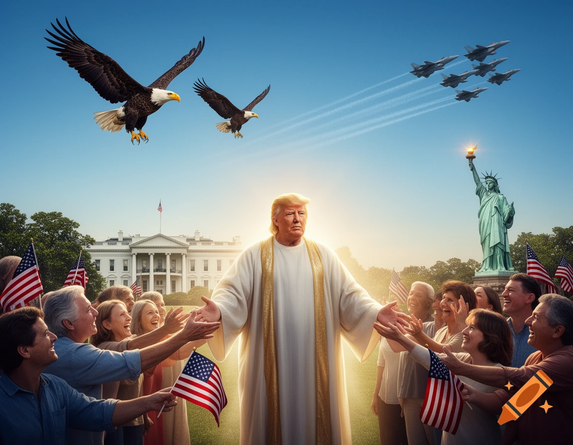 Donald Trump in a glowing white robe with golden trim stands before an adoring crowd waving American flags, with the White House, Statue of Liberty, bald eagles, and fighter jets in the background.