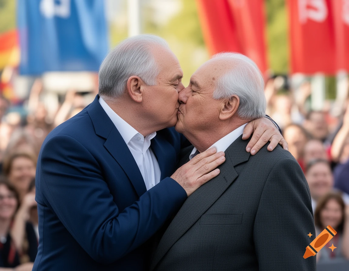 Two older men in suits kiss on the lips at a public event, with a blurred crowd and flags in the background.