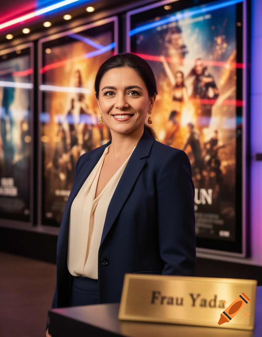 A smiling woman in a dark suit and light blouse stands in front of blurred movie posters in a cinema lobby, with a nameplate reading 'Frau Yada' in the foreground.