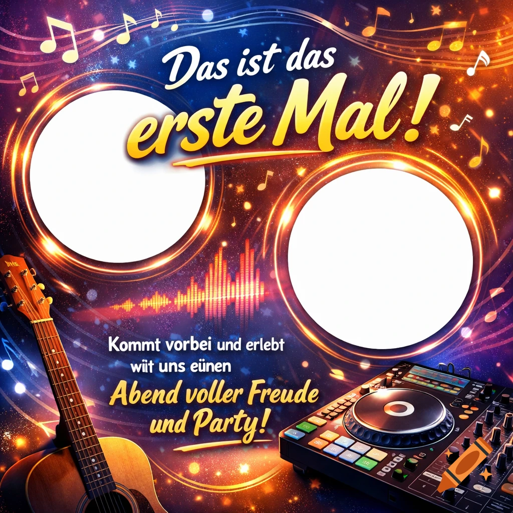 Vibrant music event flyer with a guitar, DJ mixer, musical notes, and two blank circular photo placeholders.