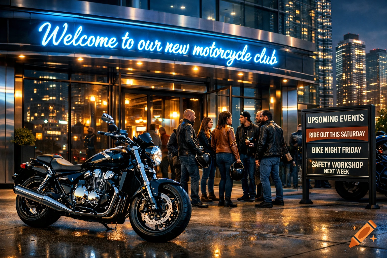 A group of people and a motorcycle outside a building with a 'Welcome to our new motorcycle club' neon sign and an event board at night.