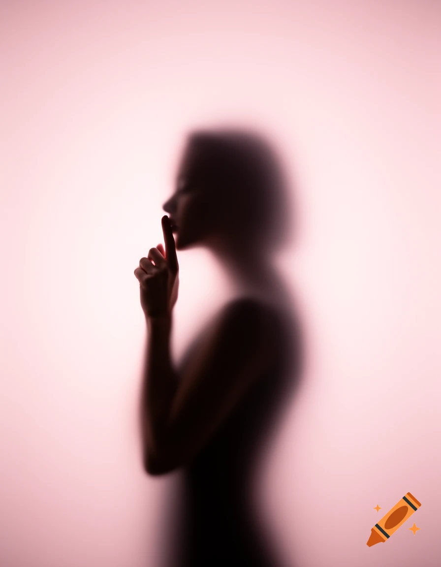 Blurred silhouette of a person with a finger to their lips, making a 'shhh' gesture against a pink background.