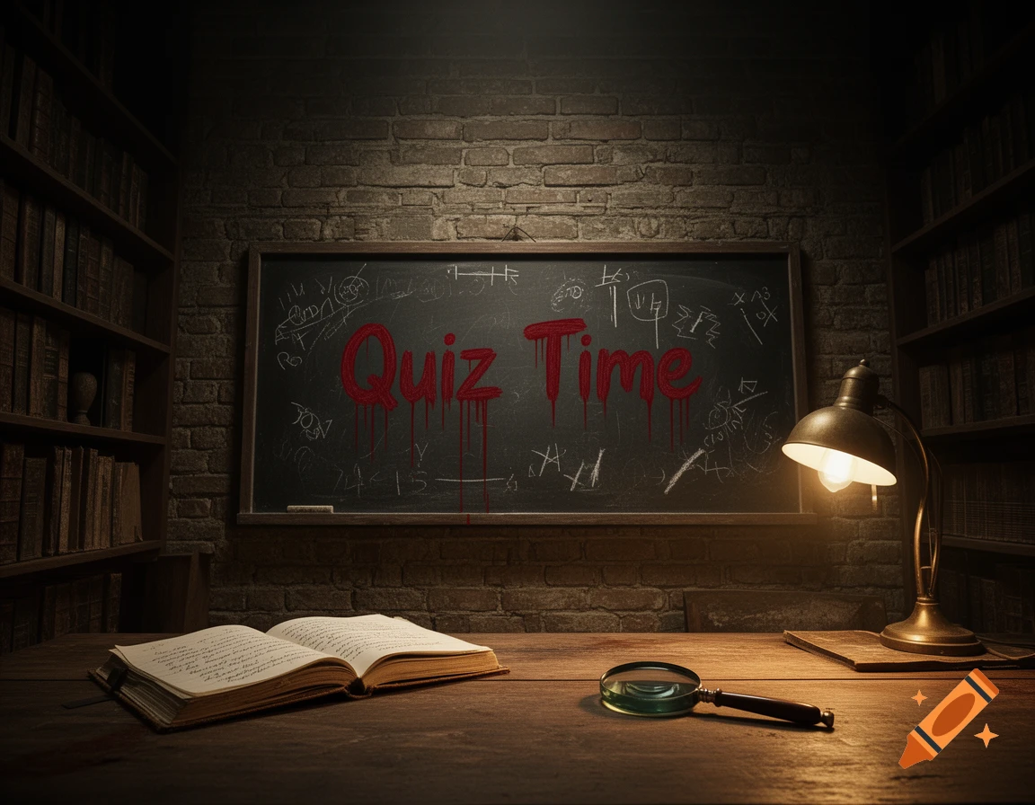 A dimly lit study with bookshelves and a desk. An open book, magnifying glass, and lamp are on the desk, with a chalkboard behind it reading 'Quiz Time' in dripping red letters.