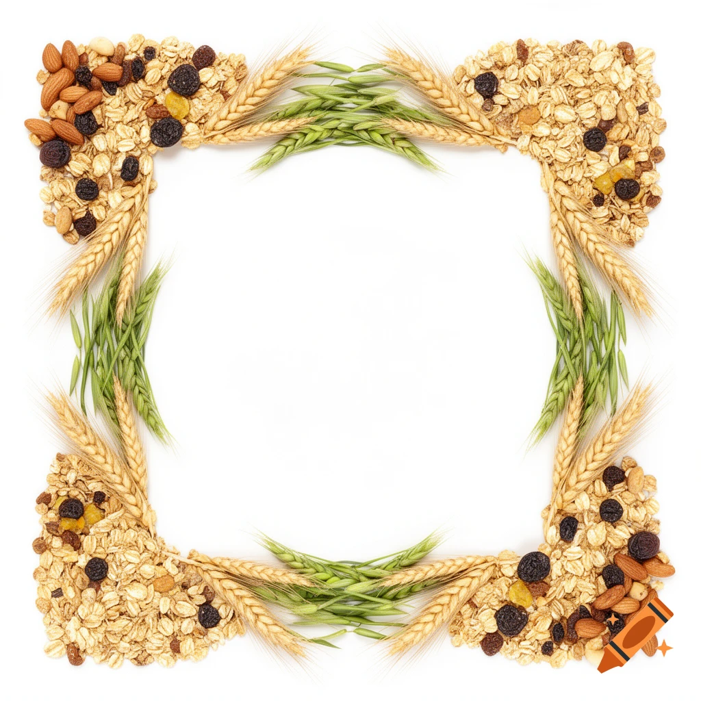 Photorealistic frame of muesli, nuts, dried fruit, wheat ears, and green grain stalks on a white background.