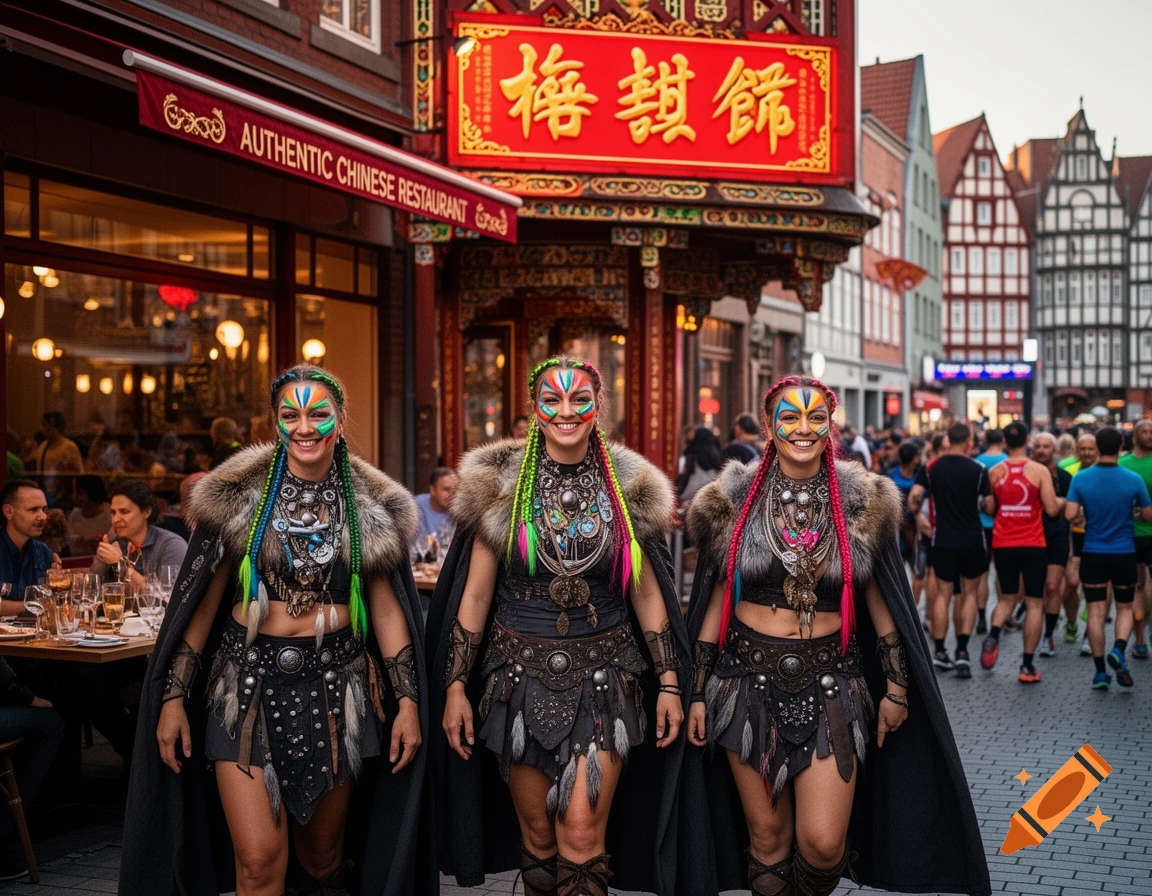 Three women in elaborate Viking-rave costumes with colorful face paint smile on a bustling street in front of a Chinese restaurant, with runners in the background.