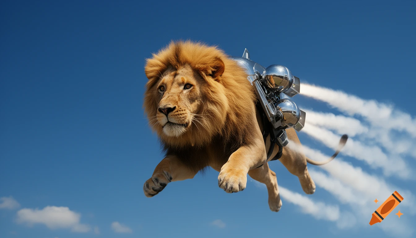 A majestic lion with a shiny silver jetpack strapped to its back flies through a clear blue sky, leaving white contrails.