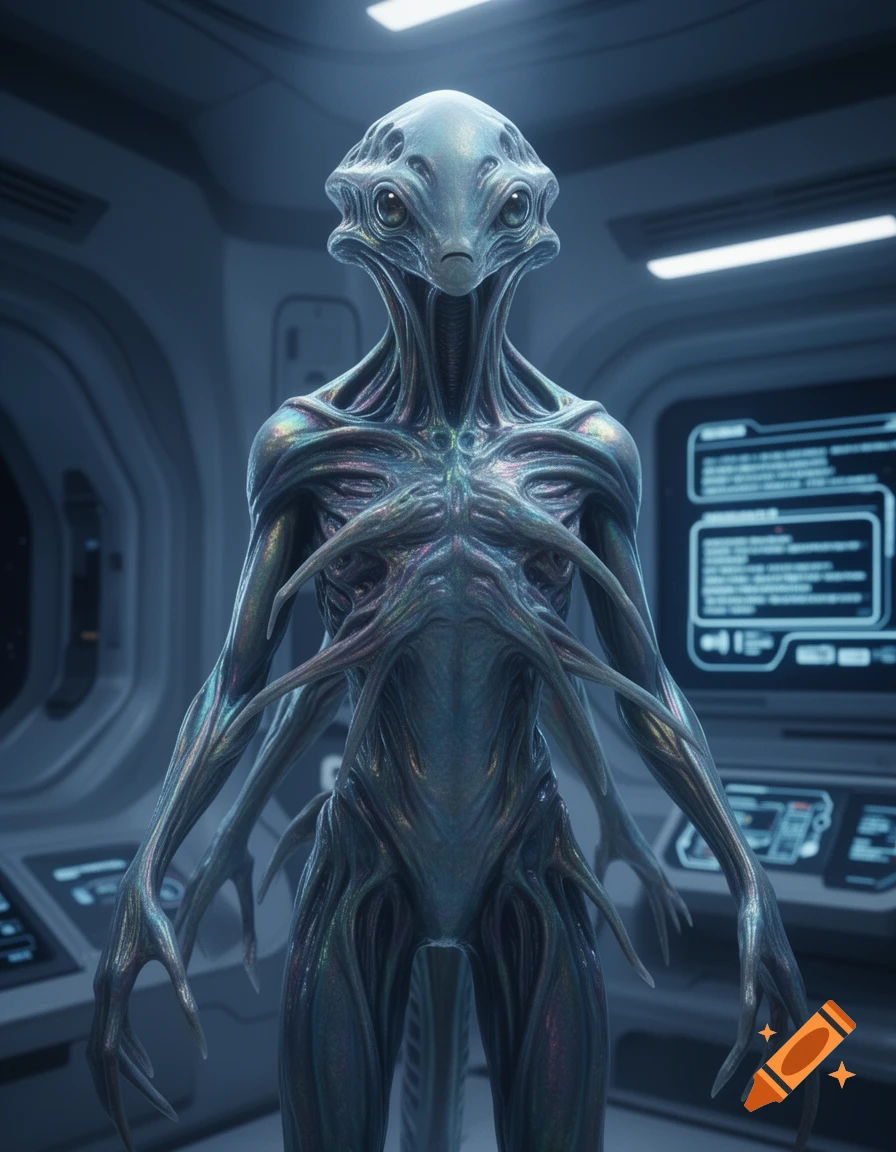 An iridescent alien with multiple tendril-like arms and large black eyes stands in a futuristic spaceship.