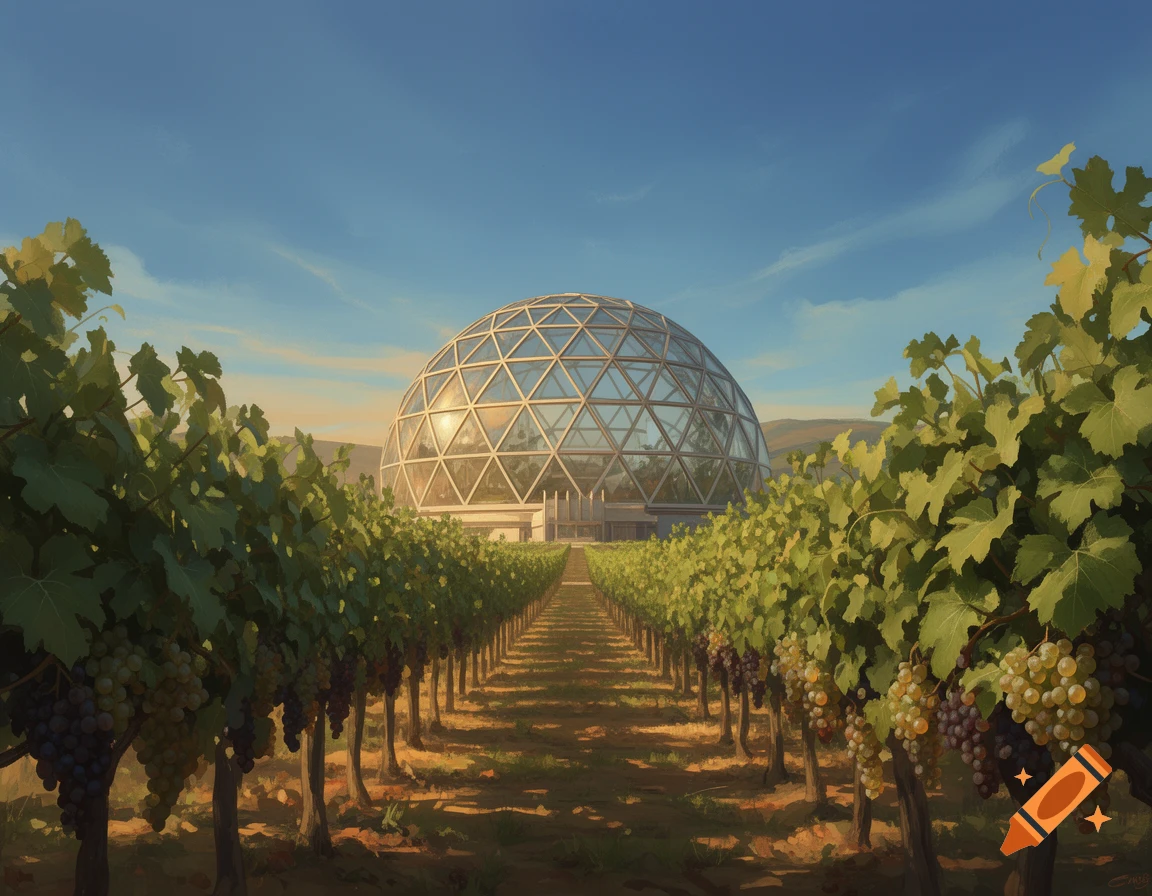 A long vineyard row extends towards a large, glass geodesic dome under a clear blue sky.