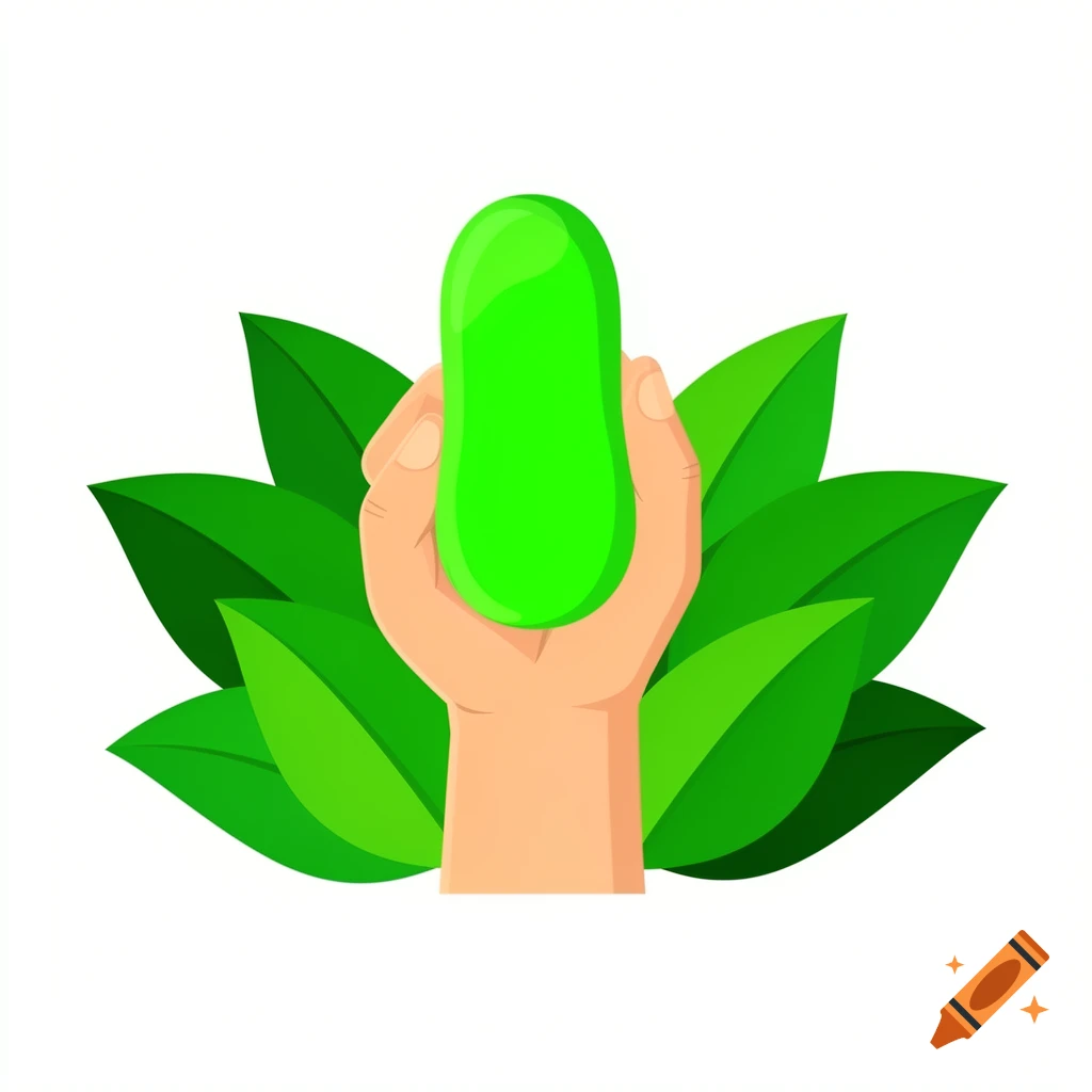 A hand holding a bright green, smooth, capsule-like object, surrounded by lush green leaves, in a clean clipart style.