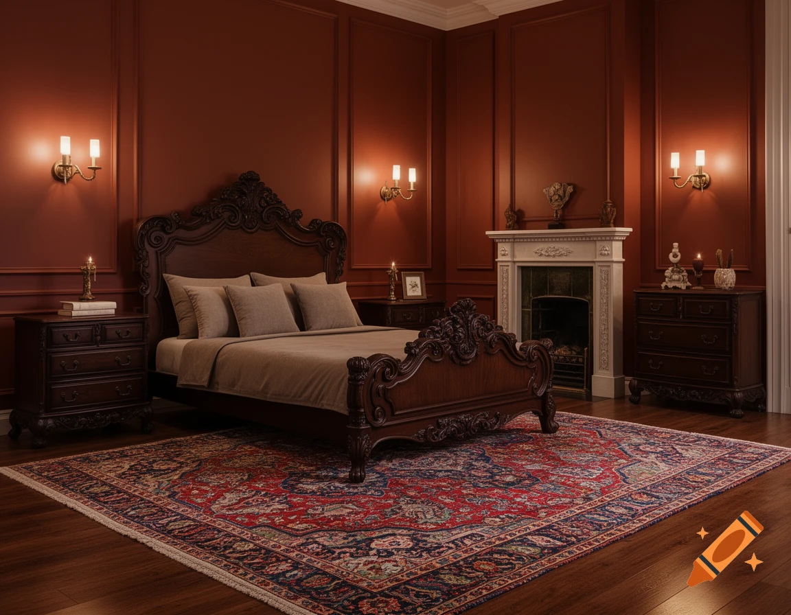 A grand, sophisticated traditional bedroom with a dark ornate wood bed, fireplace, sconces, red walls, and a Persian rug on a polished wood floor.