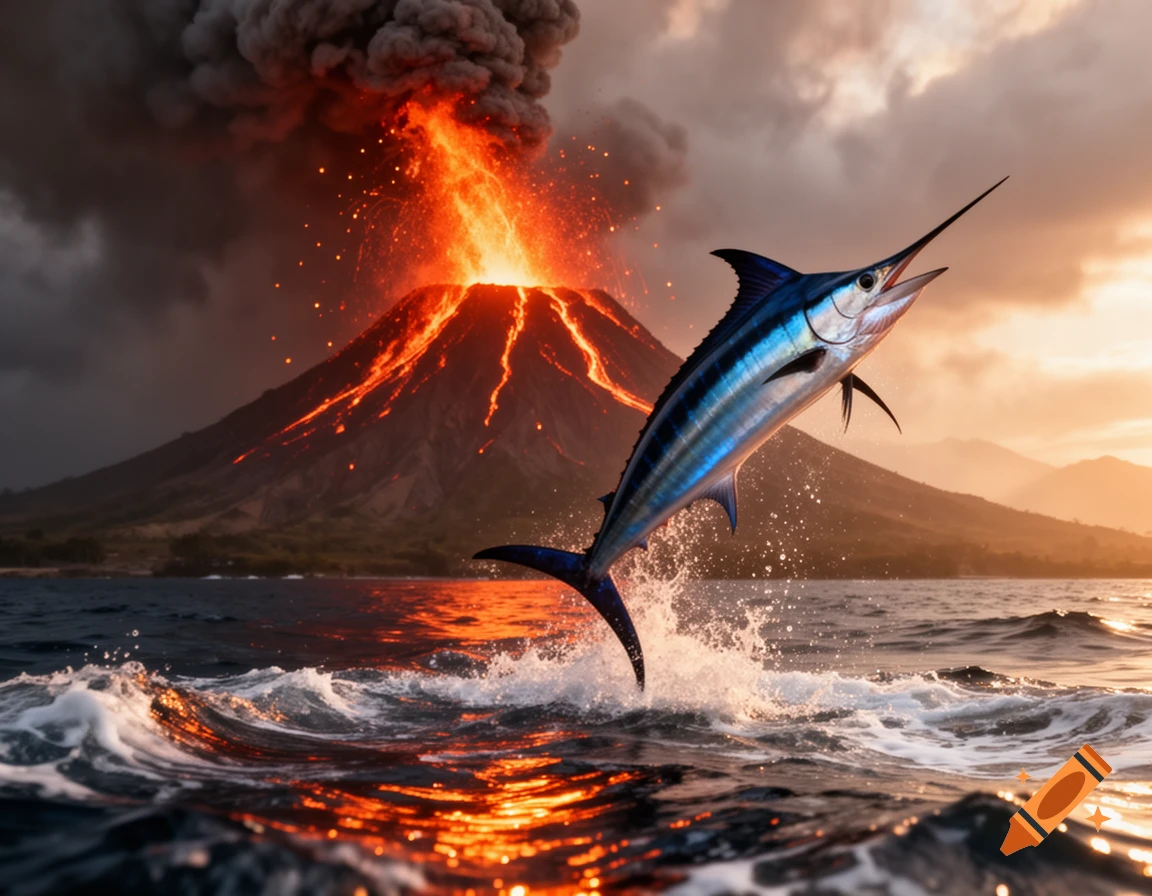 A blue marlin jumps from ocean water against a fiery erupting volcano under a dramatic sky, photorealistic.