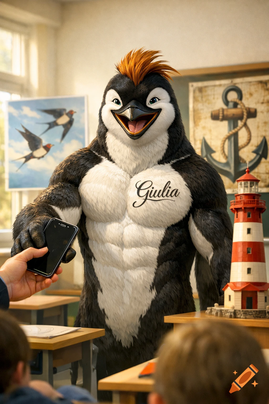 A muscular, smiling penguin mascot with orange hair, and 'Giulia' on its chest, stands in a classroom, taking a phone from a student.