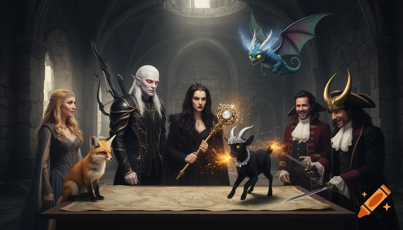 A fantasy group portrait of characters, a fox, a goat, and a small dragon in a dimly lit castle hall.