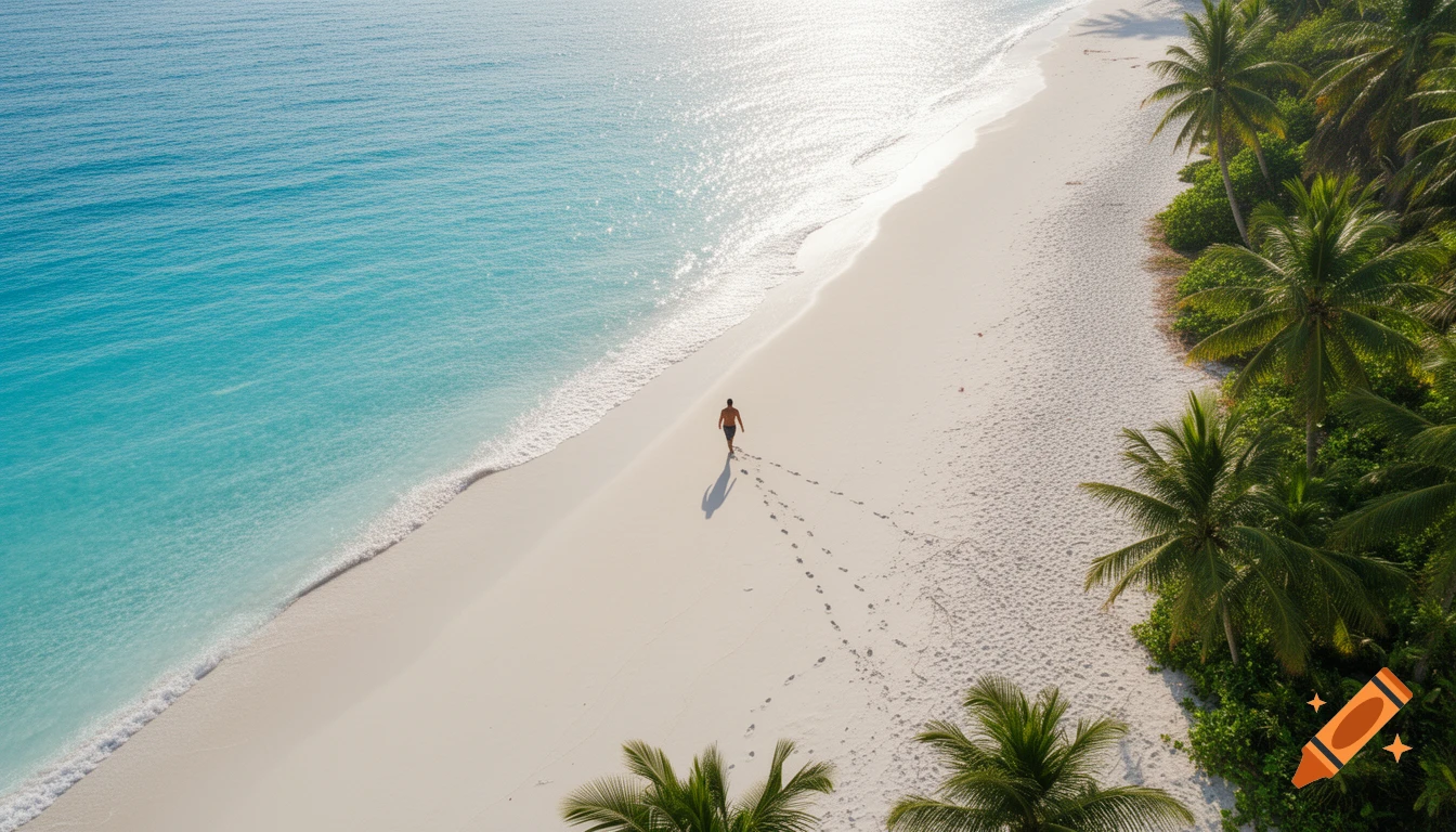 Aerial view of a person walking on a pristine white sand tropical beach next to turquoise ocean water, with palm trees.