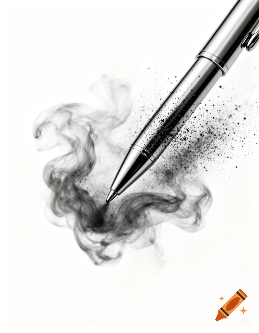 A metallic ballpoint pen with a stylized black smoke or dust cloud emanating from its tip, against a white background.