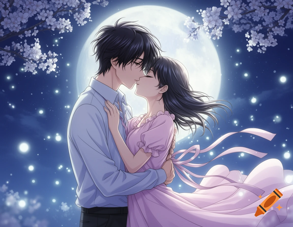 An anime couple kisses passionately under a full moon, surrounded by cherry blossoms and sparkling lights.