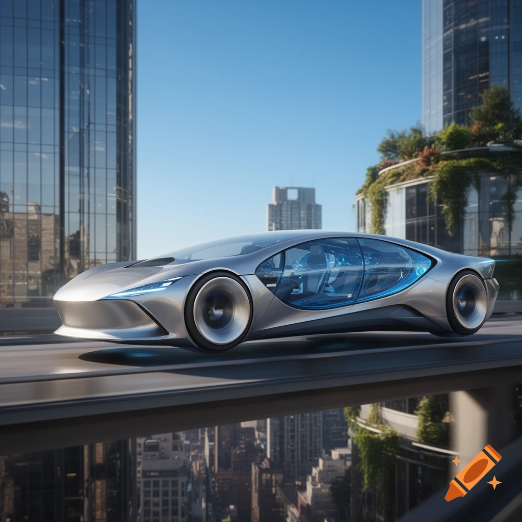 Sleek silver and blue futuristic concept car on an elevated city road with modern glass skyscrapers under a clear sky.