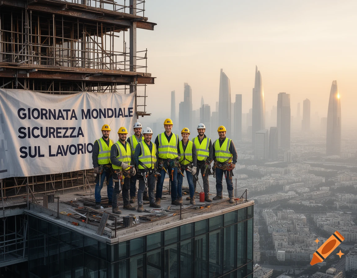 A group of construction workers in safety vests and hard hats pose on a high-rise building under construction, with a banner in Italian about work safety. A hazy city skyline is in the background at sunset.