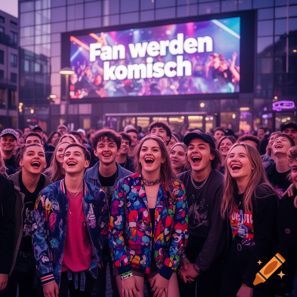 A large crowd of young people with happy, open-mouthed expressions looking up, at an outdoor event under a large screen displaying the text "Fan werden komisch".
