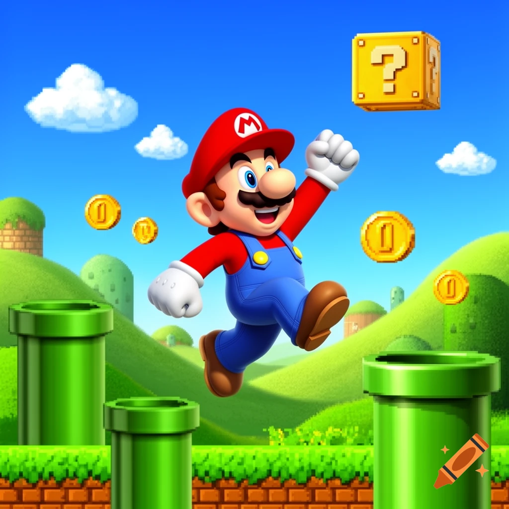 Cartoon Mario jumps in a vibrant Super Mario Bros. landscape with green pipes, floating coins, and a question block.
