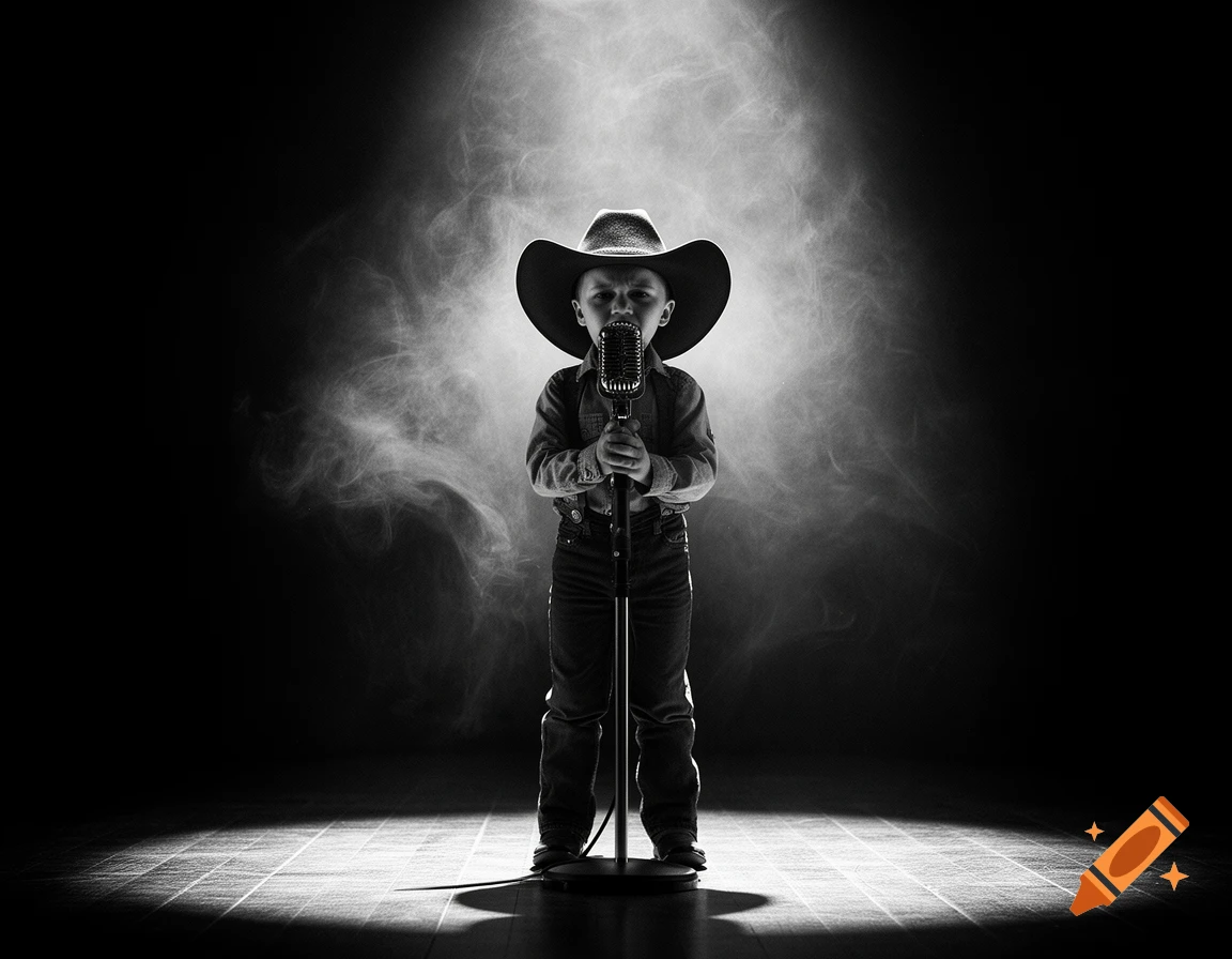 A young child in a cowboy hat stands on a stage, holding a vintage microphone under dramatic spotlight and smoke, in black and white.