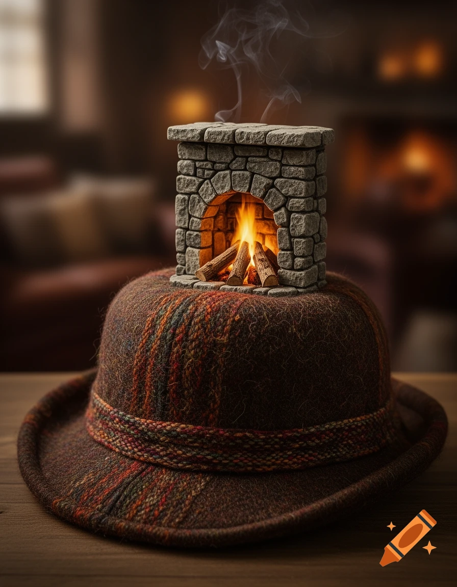 A photorealistic image of a miniature stone fireplace with a burning fire and smoke, sitting on a brown tweed hat.