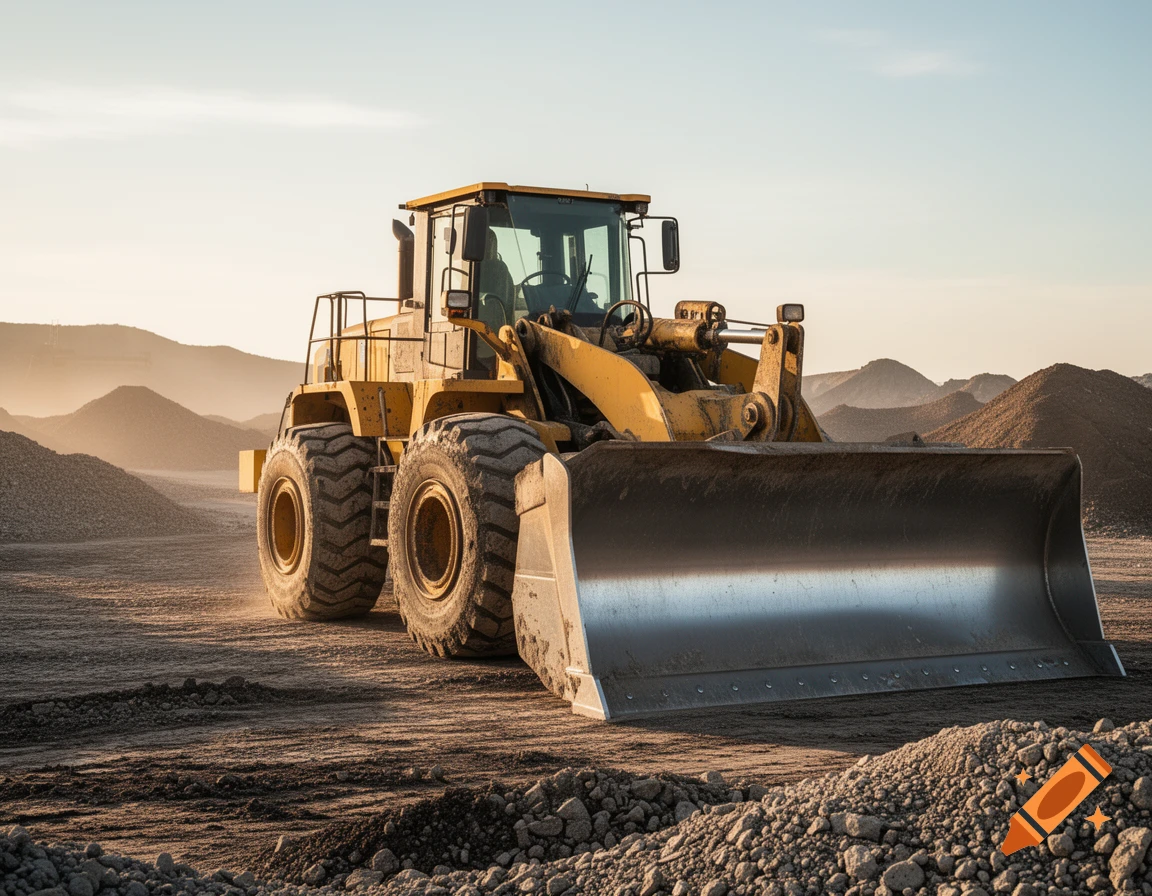 A large yellow wheel loader on a dusty construction site with dirt piles and mountains under a clear sky.