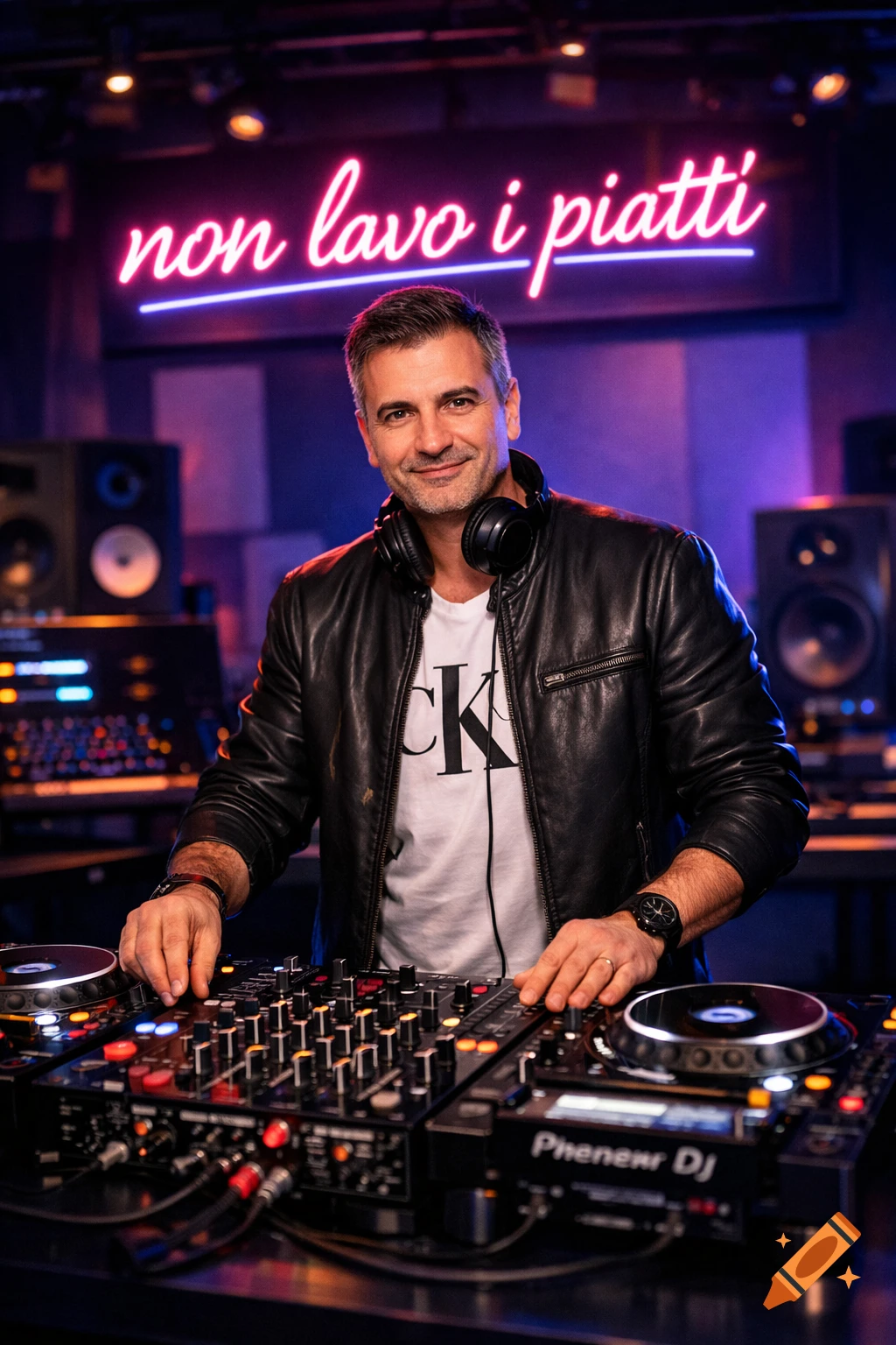 A man wearing a leather jacket and headphones smiles while standing behind a DJ mixer. A neon sign in the background reads "non lavo i piatti".