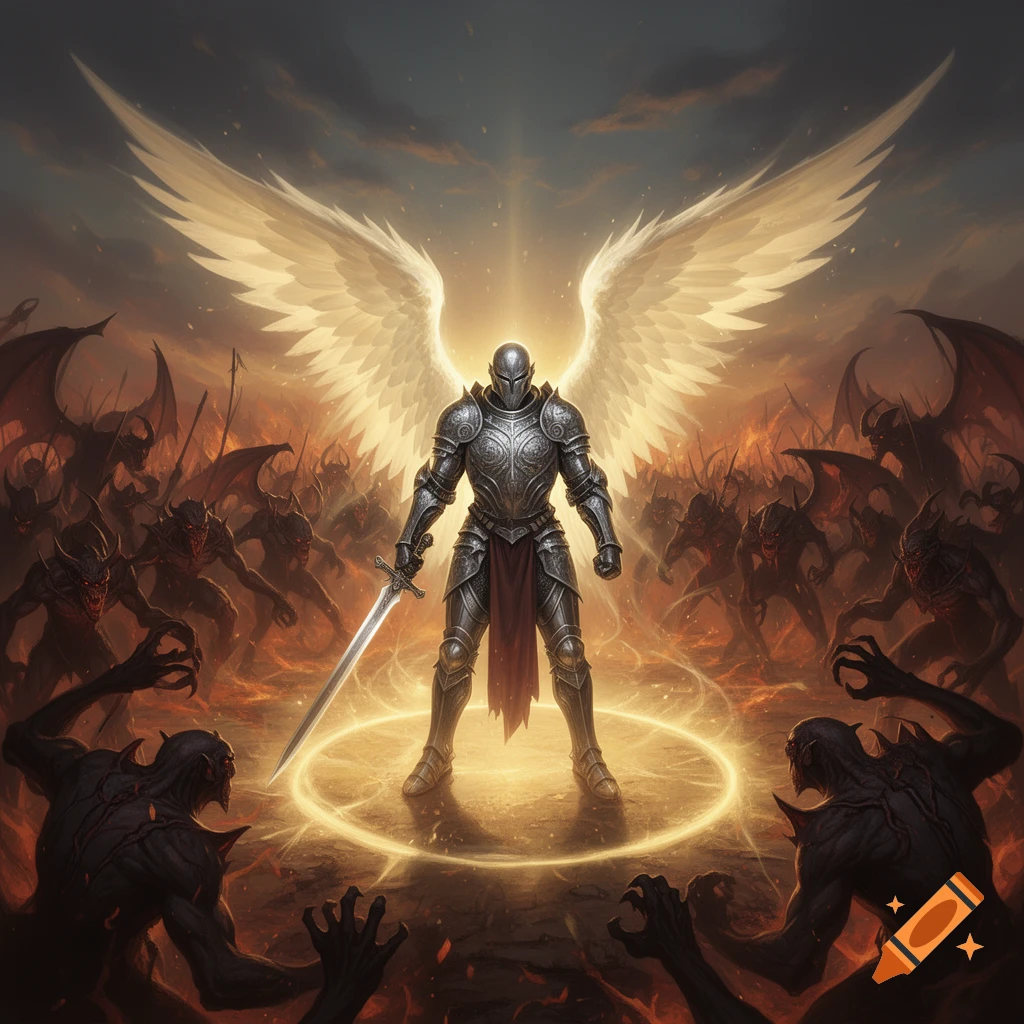 An armored, winged warrior with a sword stands in a golden aura, surrounded by a horde of demons in a fiery, dark realm.