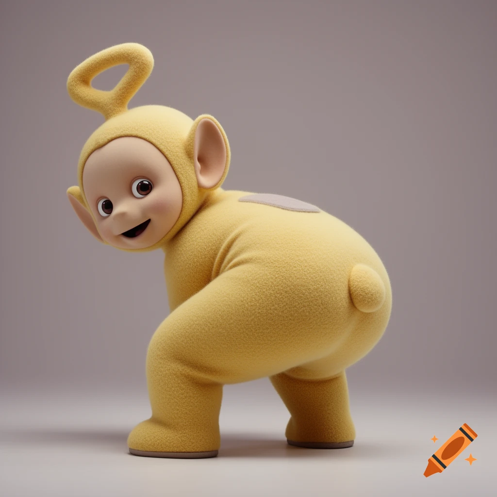 Hyperrealistic rendering of Laa-Laa, the yellow Teletubby, stooping and looking over her shoulder against a grey background.