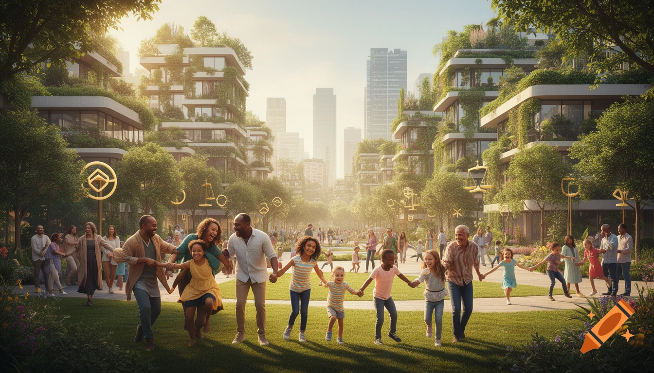 Families and diverse people walk, laugh, and hold hands in a lush, green, sunlit utopian city with modern buildings covered in vegetation.