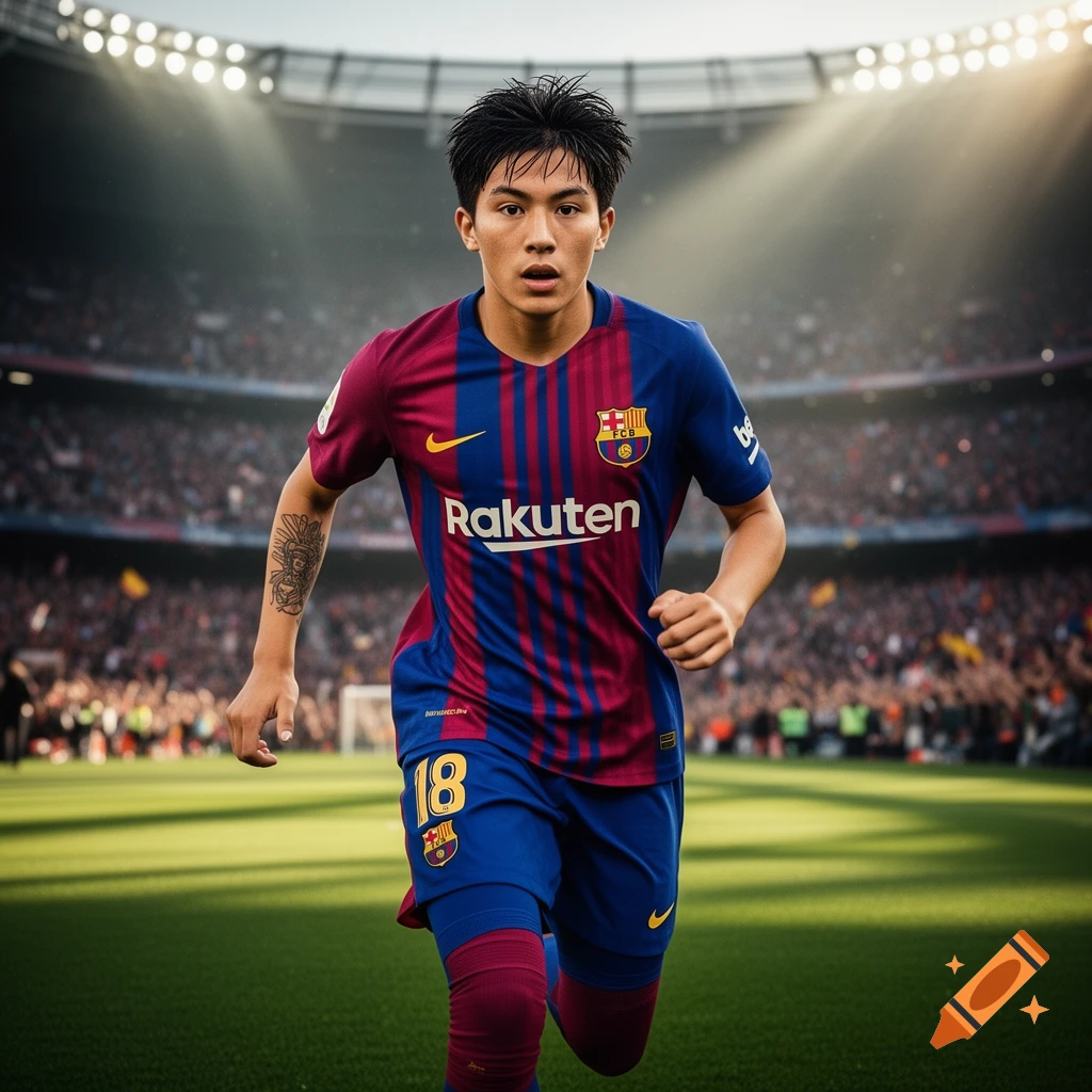 A young male soccer player in an FC Barcelona uniform with number 18 runs across a brightly lit stadium field.