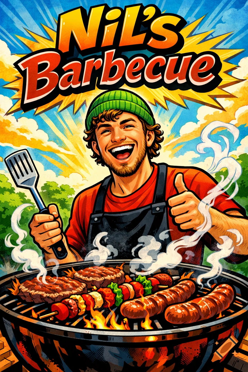 A smiling man in a green beanie and apron grills sausages, skewers, and patties on a barbecue under a \"Nil's Barbecue\" banner, in a comic book style.
