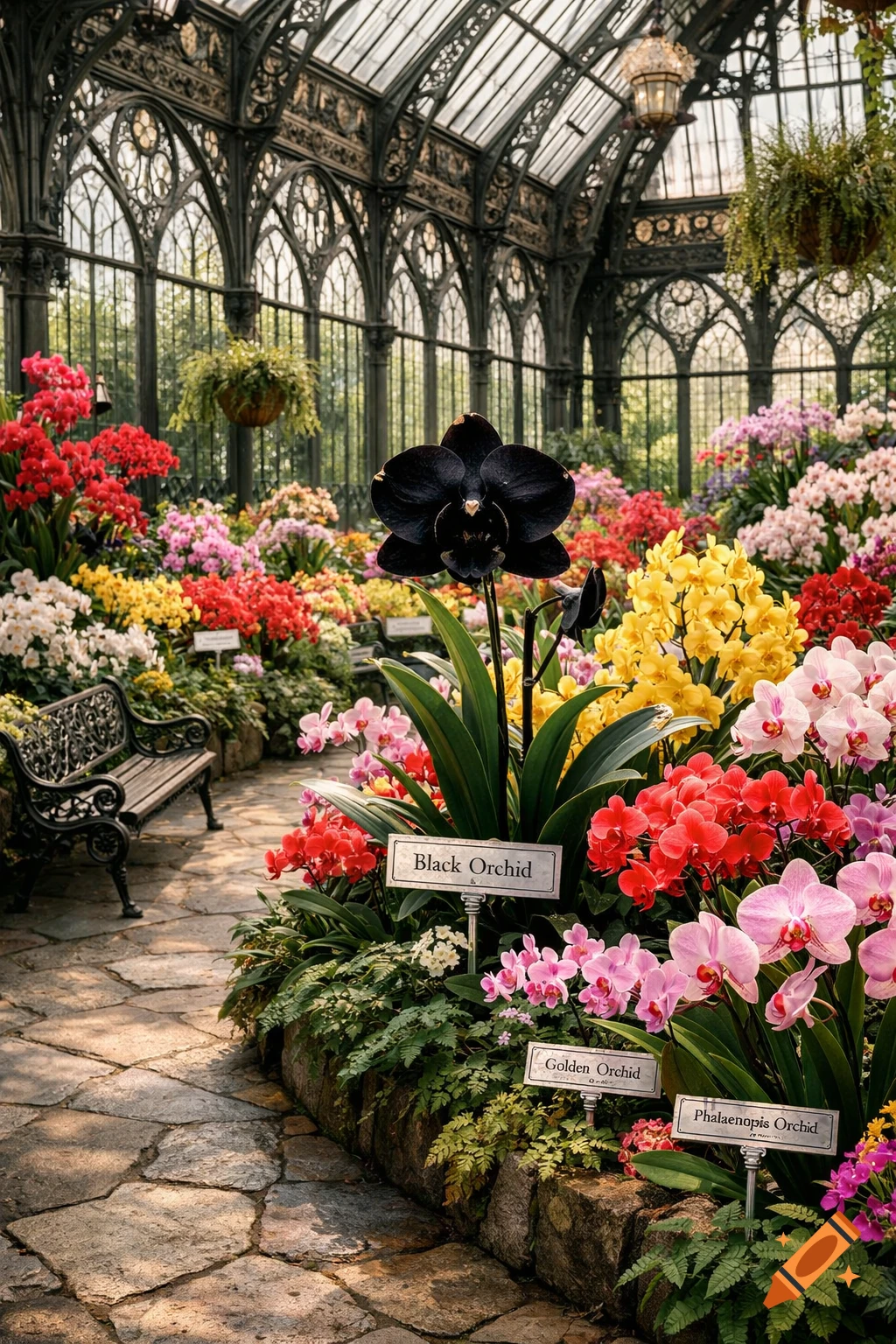 A vibrant Victorian gothic conservatory filled with colorful orchids, including a prominent black orchid, along a stone path with benches.