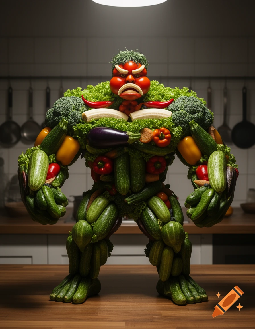 A muscular, green 'Hulk' figure made entirely of vegetables like cucumbers, broccoli, and lettuce, with a red tomato face, standing in a kitchen.