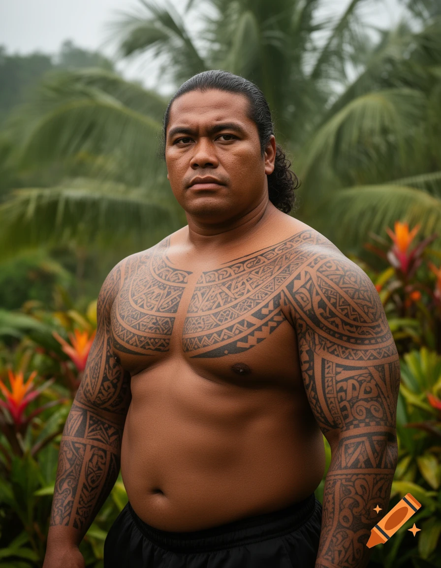 A stoic Samoan man with elaborate Polynesian chest and arm tattoos, looking forward in a tropical outdoor setting.