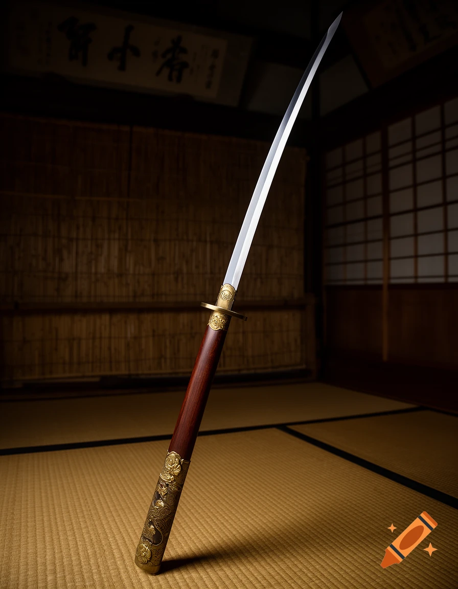 A close-up of a decorative sword with a dark red handle and ornate gold fittings, leaning on a tatami mat in a traditional Japanese room.