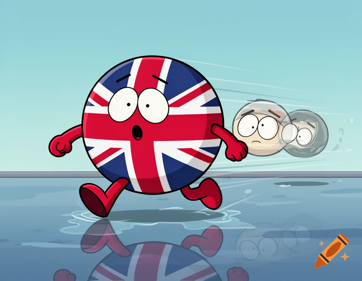 Cartoon UK countryball running with a shocked expression on a wet floor, blurry sad figures trailing behind it.